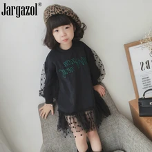 Детское платье-рубашка с длинными рукавами для девочек; черное платье с буквенным принтом и кружевными рукавами; платье-рубашка; Повседневная осенне-Весенняя детская одежда