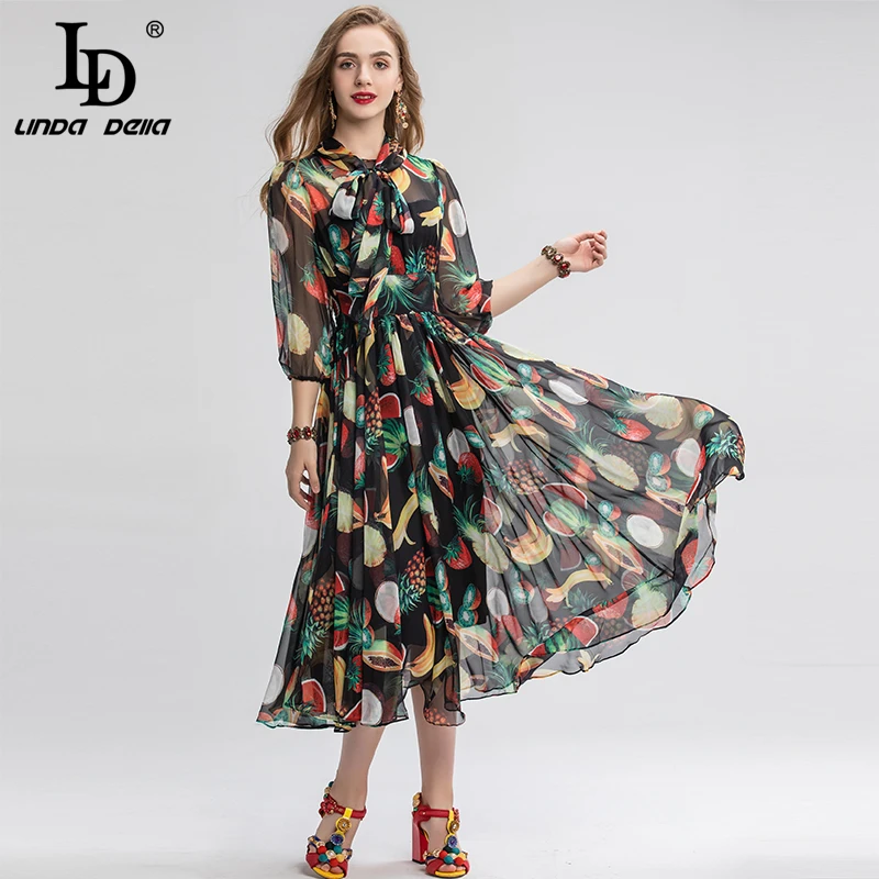 LD LINDA DELLA Spring Fashion Runway Vintage Jurk vrouwen Boog Kraag Multicolor fruit Chiffon Holiday Party Lange Jurk LD LINDA DELLA Spring Fashion Runway Vintage Jurk vrouwen Boog Kraag Multicolor fruit Chiffon Holiday Party Lange Jurk