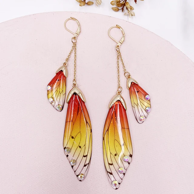 Fairy Resin Butterfly Earrings for Women Shining Crystal Flake Double Wing Long Drop Earrings Ladies Wedding Party Jewelry 2020 Gold-Orange