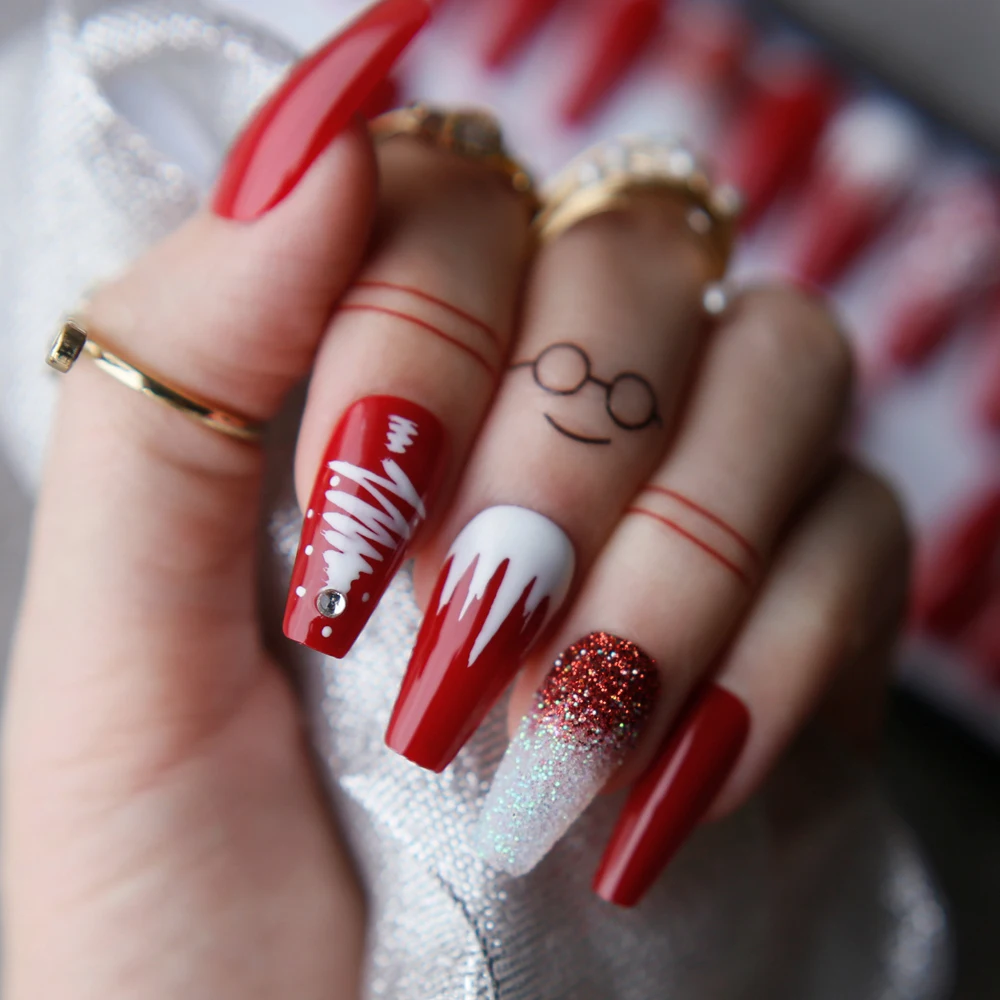 Falsos do Caixão Vermelho dos Pregos do Fasle do Diamante dos Pregos para Namoradas Pintam o Floco de Neve Árvore de Natal Brilho de Ombre Presentes Christmasails Que