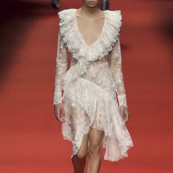 

High Quality Women White Lace V-neck Asymmetric Hollow Out Spring Holiday Dress