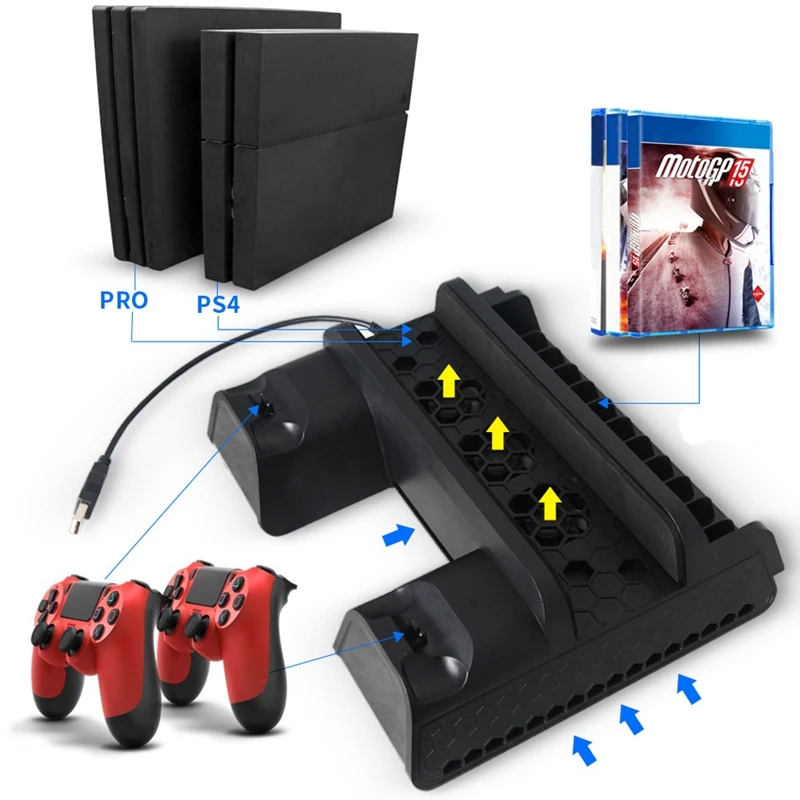 3 в 1 для Ps4/Ps4 Slim/Ps4 Pro вертикальная подставка с двойным контроллером зарядная станция игры для sony 4 охлаждающий вентилятор