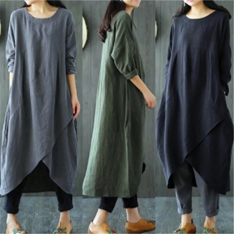 

2019 New Style Spring And Summer Korean-style Ethnic-Style Borrow Shoulder Sleeve Loose-Fit Slimming Crew Neck Mid-length Cotton