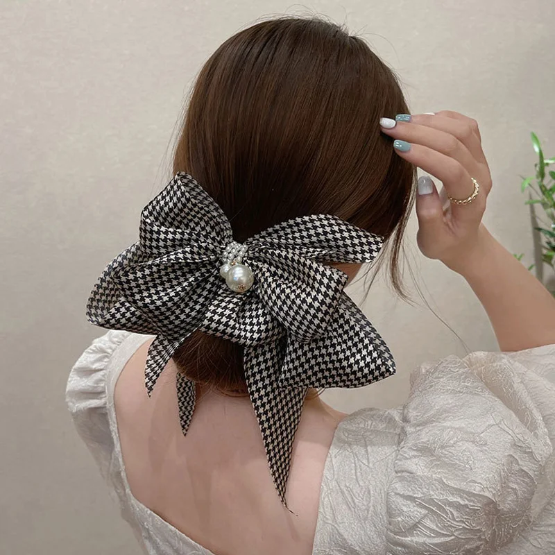 hair clips for long hair New Oversize Bowknot Pearl Barrettes Net Yarn Hairpins Women Houndstooth Hair Clips Ribbon Hair Clips Ponytail Hair Accessories hair clips for women