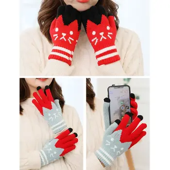 

Unisex Winter Touch Screen Gloves Cartoon Meow Cat Stripes Plush Lined Mittens