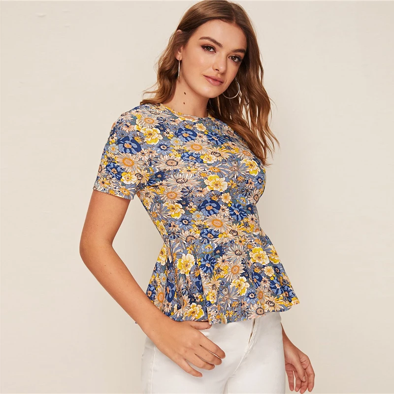 SHEIN Multicolor Floral Print Peplum Short Sleeve Top Women 2020 Summer Flared Ruffle Hem O-neck Womens Blouses and Tops