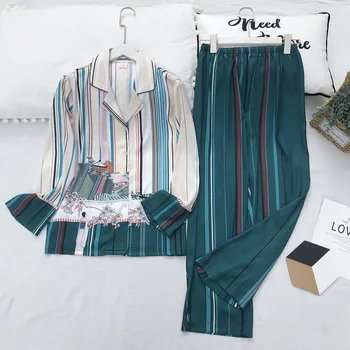 

Lady Satin Sleepwear Shirt&Pants Casual Striped 2PCS Pajamas Suit Nightwear Pijamas Silky Homewear Intimate Lingerie Sleep Set
