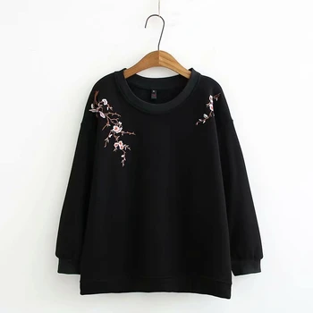 

Plus Size XL-4XL Women's Hoodies Black Floral Embroidery 8/10 Sleeve Thicken Pullover Casual Outwear