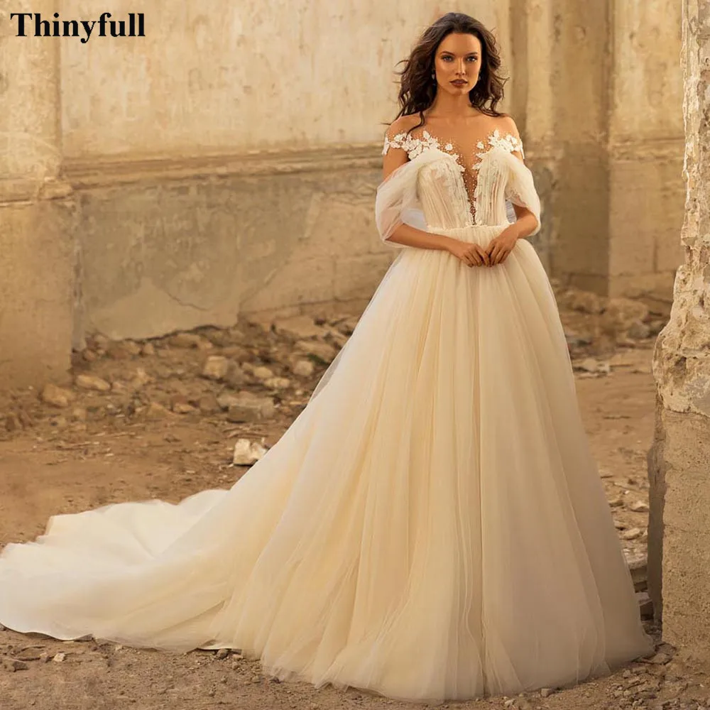 『Cheap!!!』- Thinyfull Appliques Lace Bridal Dress Illusion Bodice
Long Train Tulle Boho Wedding Dresses Off Shoulder Plus Size Bride Gowns