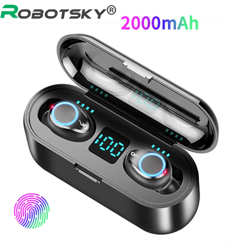 Baratos F9 auriculares inalámbricos V5.0 Bluetooth LED auriculares HIFI Mini con 2000mAh Banco de la energía auriculares con micrófono para IOS Android