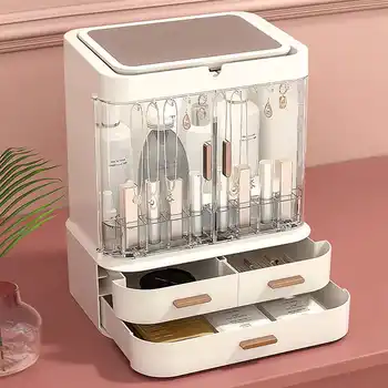 

Makeup Organizer Cosmetic Storage Box with Mirror Multilayer Storage Simple Style Dustproof and Moistureproof Jewelry Box