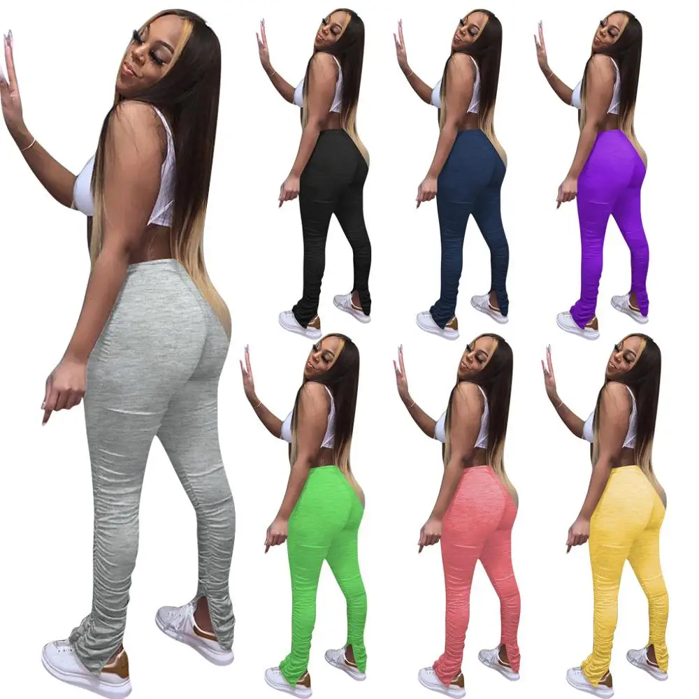 

Women Elastic Stacked leggings joggers Pants High Waist Flare Bell Trousers Jogger Candy Colors Sweatpants