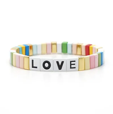Letter LOVE Bohemia Ins Handmade Charm Enamel Rainbow Tile Bracelet Women Colorful Painted Metal Bracelets Wholesale Jewelry - Metal Color: HDB047-2