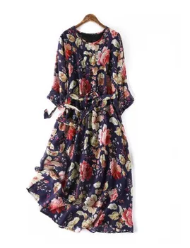 

New summer double layer mulberry silk 7-sleeve Vintage prosperous long silk dress 2020