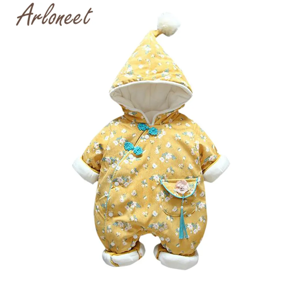ARLONEET/хлопковое пальто для маленьких девочек; зимнее пальто с цветочным принтом; комбинезон; Верхняя одежда с капюшоном и карманами; пуховик для девочки