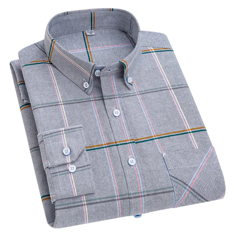 S-4XL Mens Oxford Plaid Casual Dress Shirt For Men Long Sleeve Front Patch Chest Pocket Regular-fit Button-down Thick Work Shirt