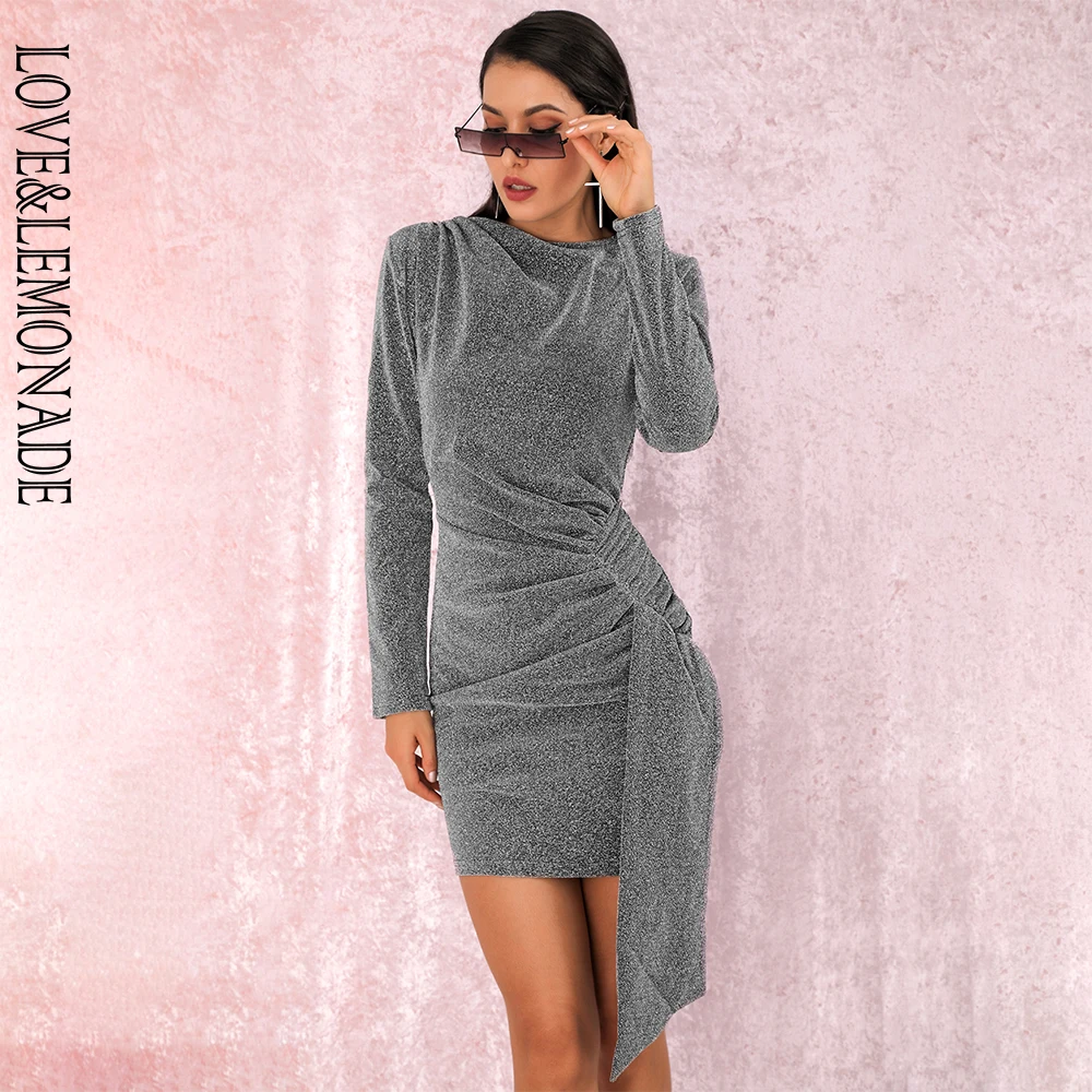 LOVE&LEMONADE Пикантные Гэри с круглым вырезом Slim Fit ленты с длинным рукавом светятся вечерние платье LM81801