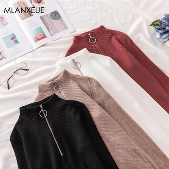 

Solid Knitted Turtleneck Sweater Women Fashion Simple Warm Thicken Zipper Up Pullovers Female Autumn Winter Bottoming Sweaters