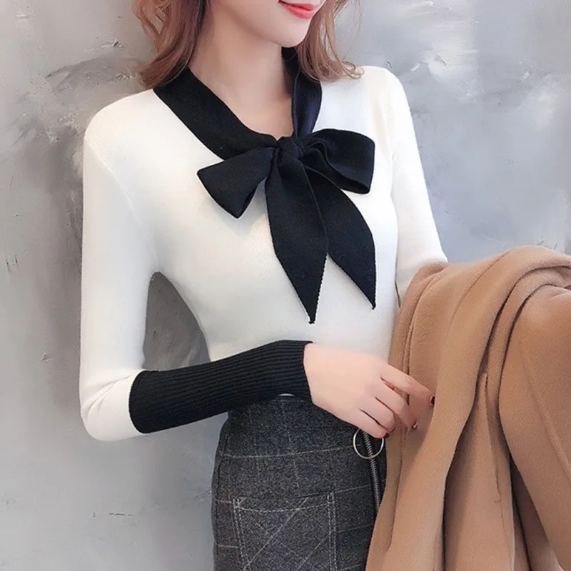 Sweet Sweater Women Autumn New Bow Decoration Casual Sweater V Neck Long Sleeve Stitching Design Knitted Pullover Sweater