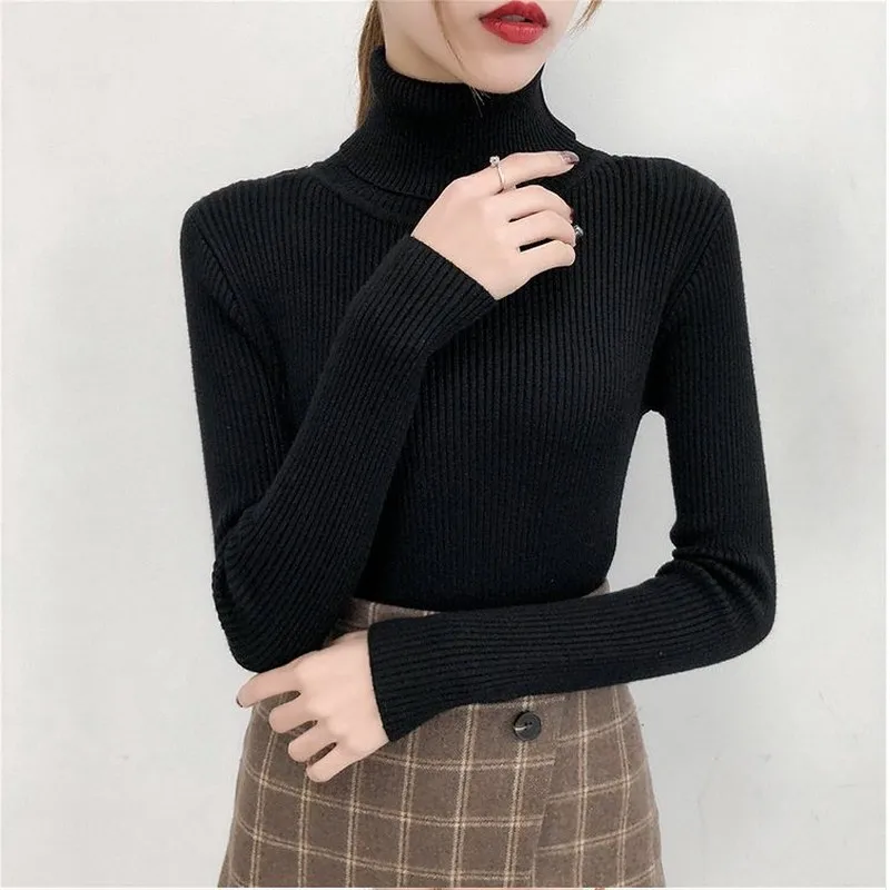 Bonjean-Jersey de punto con cuello alto para mujer, suéteres informales, camiseta de manga larga, suéter ajustado para niña, Otoño e Invierno