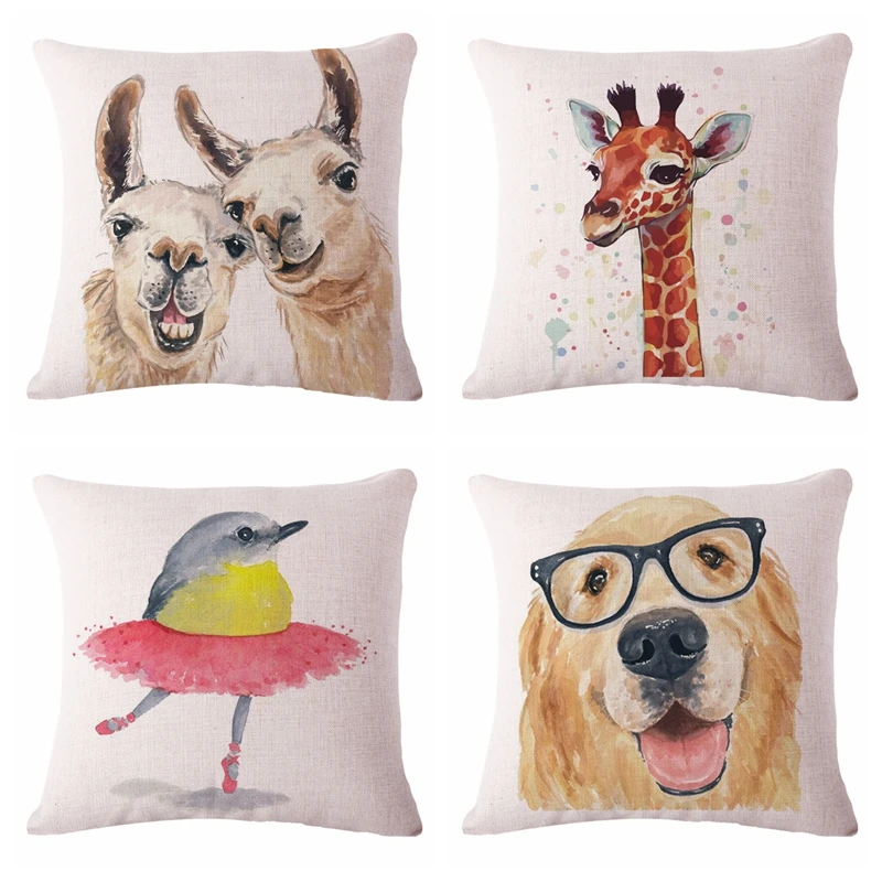 

Funny Dog Bird Giraffe Cushion Cover Woven Linen Family Affection Sofa Seat Home Decorative Throw Pillow Case Housse De Coussin