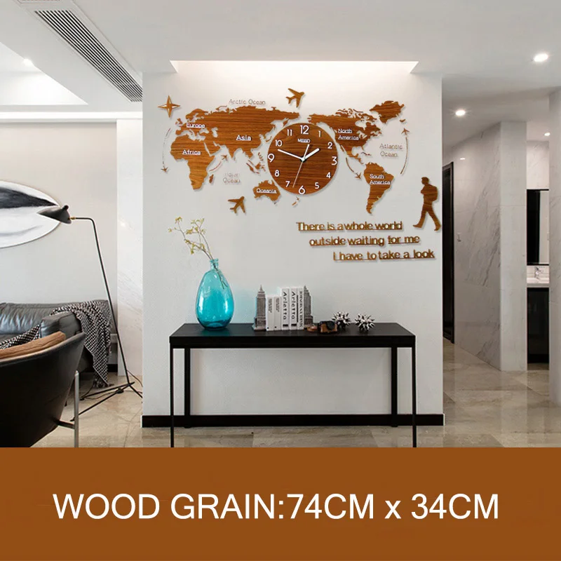 wood grain74x34cm MEISD Креативные 3D карты мира большие настенные часы Самолет Современный дизайн Акриловые ультра тихие большие декоративные настенные часы - Цвет: wood grain74x34cm