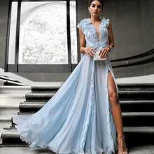 Небесно-голубые Формальные платья знаменитостей А-силуэт глубокий v-образный вырез шифон оборки разрез Длинные вечерние платья знаменитые платья для красной дорожки