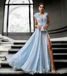 Sky Blue Formal Celebrity Dresses A-line Deep V-neck Chiffon Ruffles Slit Long Evening Dresses Famous Red Carpet Dresses