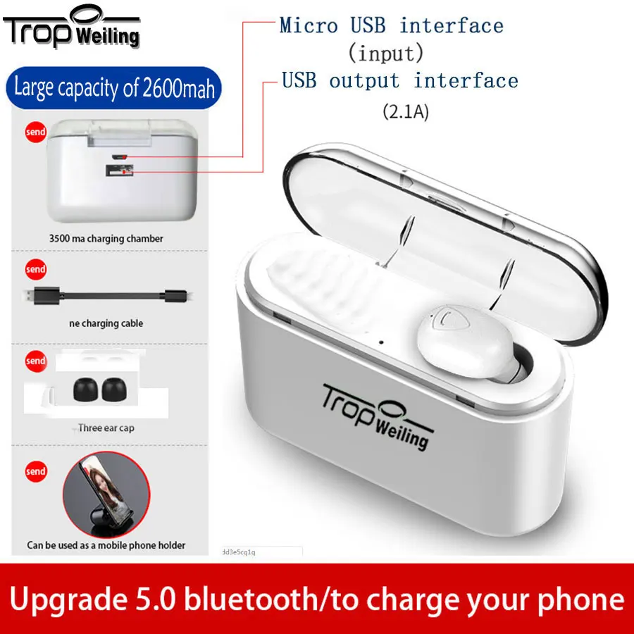 Беспроводные наушники TROP WEILING Mini Dual V5.0, Bluetooth наушники, 3D стерео звук, наушники с двойным микрофоном и зарядным устройством - Цвет: T-X9-White-W-S1