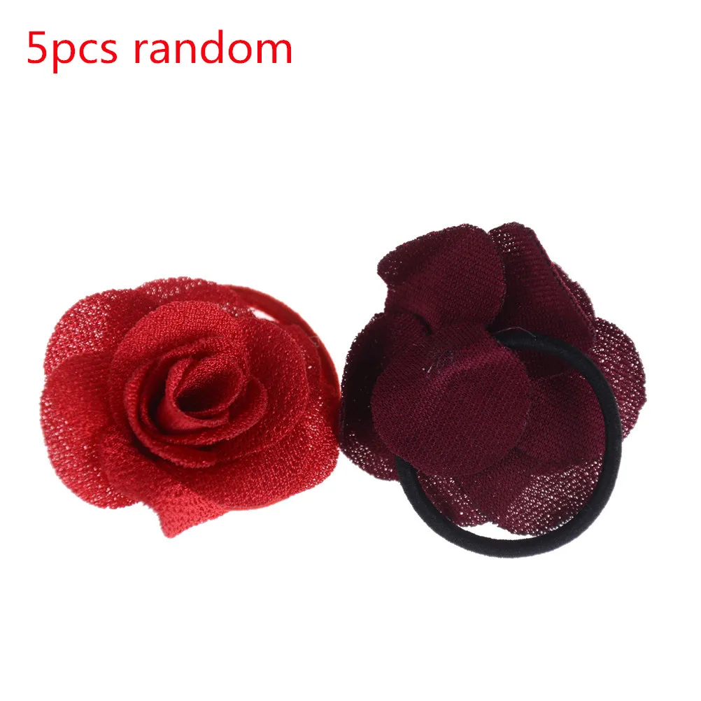 5 Pcs Big Rose Flower Hair Bands Elastic Hair Rope Nice Gift Hair Styling Tool Color Random