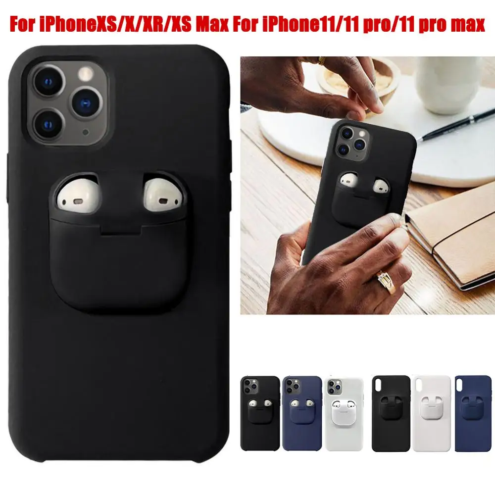 

2 In 1 Earphone Storage Box For AirPods For iPhone 11 Pro XR X XS Max Wireless Bluetooth Headset Storage Solid Color Phone Case