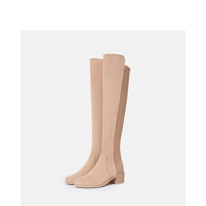

Fashion Designer Suede Winter Overknee Boots Cow Leather Stretch Long Boots Women Patchwork Chunky Med Heels Shoes Woman 2019