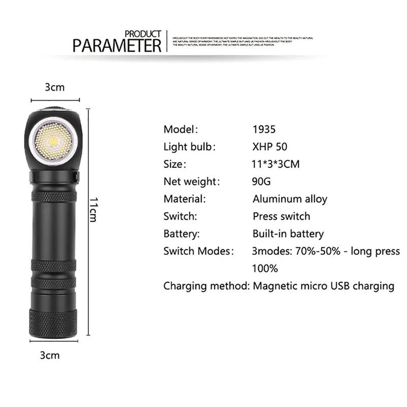 Rechargeable XHP50 Work Light Torch Flashlight With Magnet Can Be Used As Headlamp IP65 Led Flashlight 11x3x3CM Lanterna 40NOV2609
