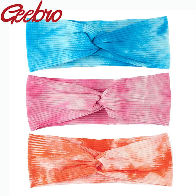 

Geebro Tie-dye Ribbed Cotton Headbands for Women Twist Elastic Multi-color Hairbands Sport Turban Headwrap Girls Hair Accessorie