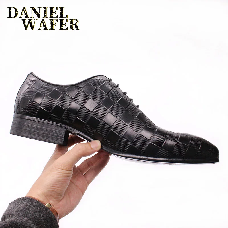 

LUXURY ITALIAN OXFORD MEN DRESS SHOES FASHION HAND-MADE PLAID PRINTS LACE UP BLACK WEDDING OFFICE SHOES FORMAL MEN SHOES LEATHER