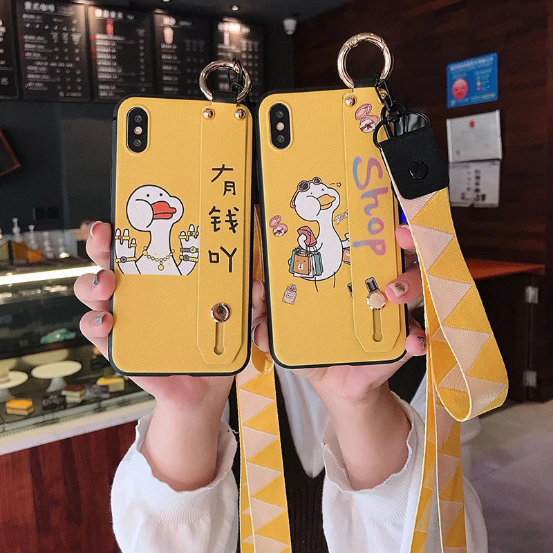 MKS yellow rich fortune duck cute animals with rope wrist strap holder Case For Samsung Galaxy S20 Plus uitra | Мобильные телефоны
