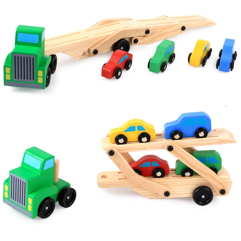 5 pièces en bois Double Decker camion jouet Transport transporteur camion + 4 voitures, Simulation jouet voiture modèle pour enfants enfants cadeaux d'anniversaire