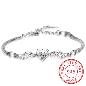 

100% 925 Sterling Silver Double Angel Wings Heart Charm Bracelets For Women White/Purple Crystal jewelry Pulseira Feminina