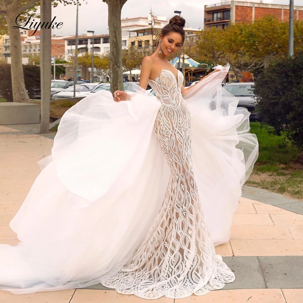 beaded mermaid wedding dress with tulle skirt