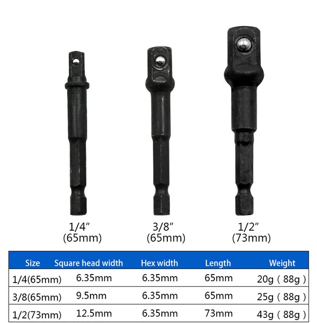 8 шт. Набор торцевых адаптеров, шестигранные сверлильные гайки, силовой хвостовик 1/" 3/8" 1/", соединительная головка, удлиняющие сверла, инструменты - Цвет: 3PC   black 73mm