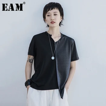 

[EAM] Women Black Contrast Color Split Hem Asymmetrical T-shirt New V-Neck Short Sleeve Fashion Tide Spring Summer 2020 1S67
