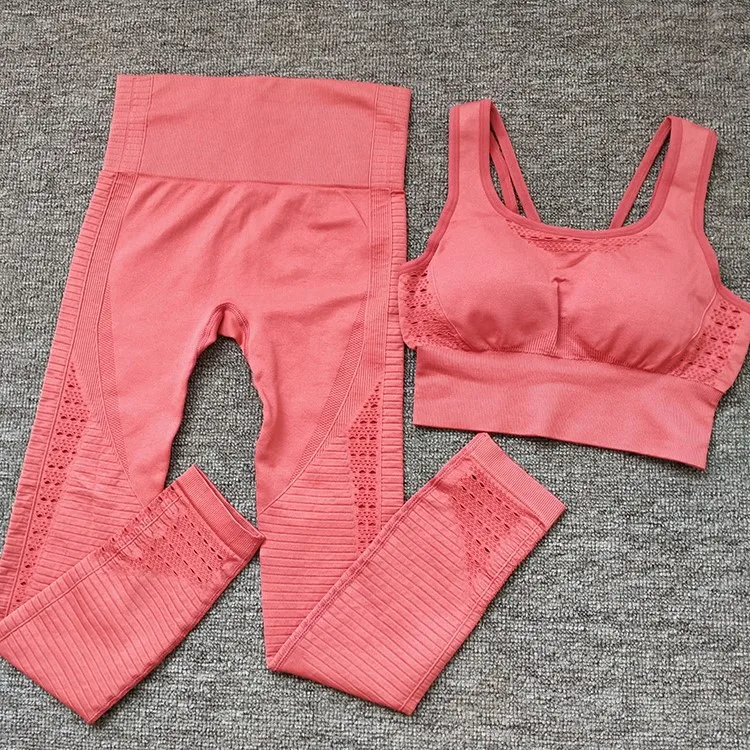 YS05 red set Комплект из 2 предметов для йоги, Женский энергетический бесшовный спортивный бюстгальтер, топ для тренировок, мягкий бюстгальтер пуш-ап для йоги с леггинсами для спортзала, костюмы для фитнеса, комплект для тренировок - Цвет: YS05 red set