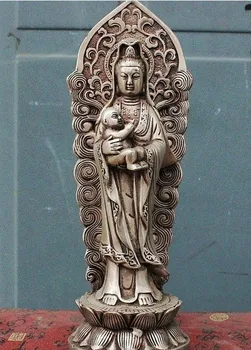 

318 9" China Buddhism Silver Songzi Guanyin Kwan-yin Boddhisattva Goddess Statue