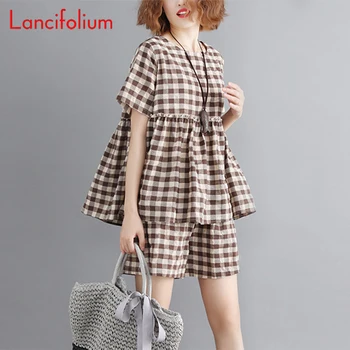

Plaid Two Piece Set Women Summer Kawaii Babydoll Korean Fashion Peplum Blouse Mini Shorts Plus Size Suits 2 Piece Set Outfits