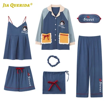 

New Blue Turn Down Collar Homesuit Homeclothes Sleepwear Fashion Style Casual Style 7 Pieces Front Pocket Cartoon Printing