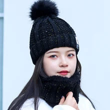 Yo-Young/женская теплая вязаная зимняя шапка для девочек, шерстяные шапочки, бархатная шапка-маска, Femme Балаклава Шарф, шапка