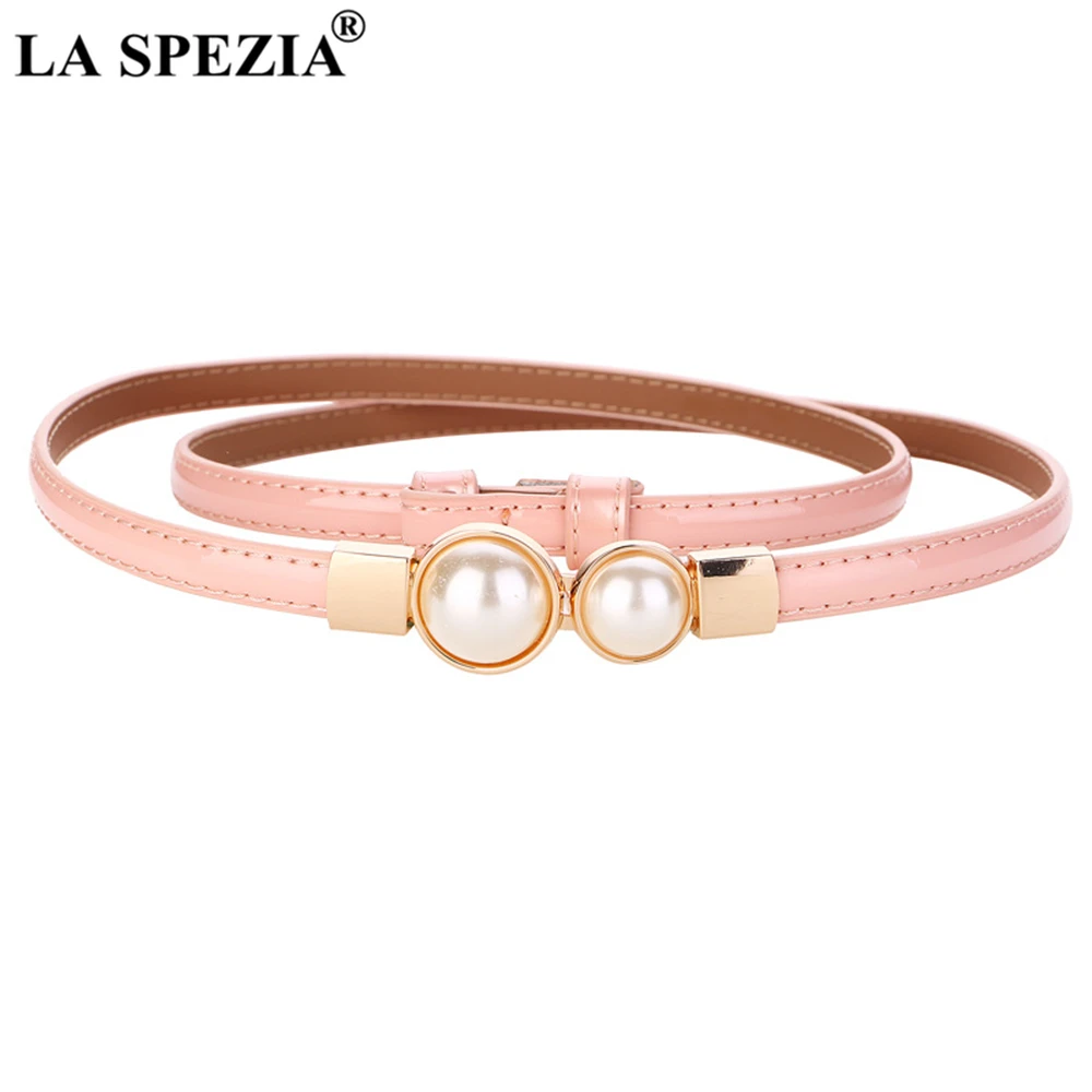 Pink Women Belt Ladies Waist Belt for Dresses Real Leather Thin Pearl Buckle Black Red Pink Gold Brand Female Waist Belt 98cm