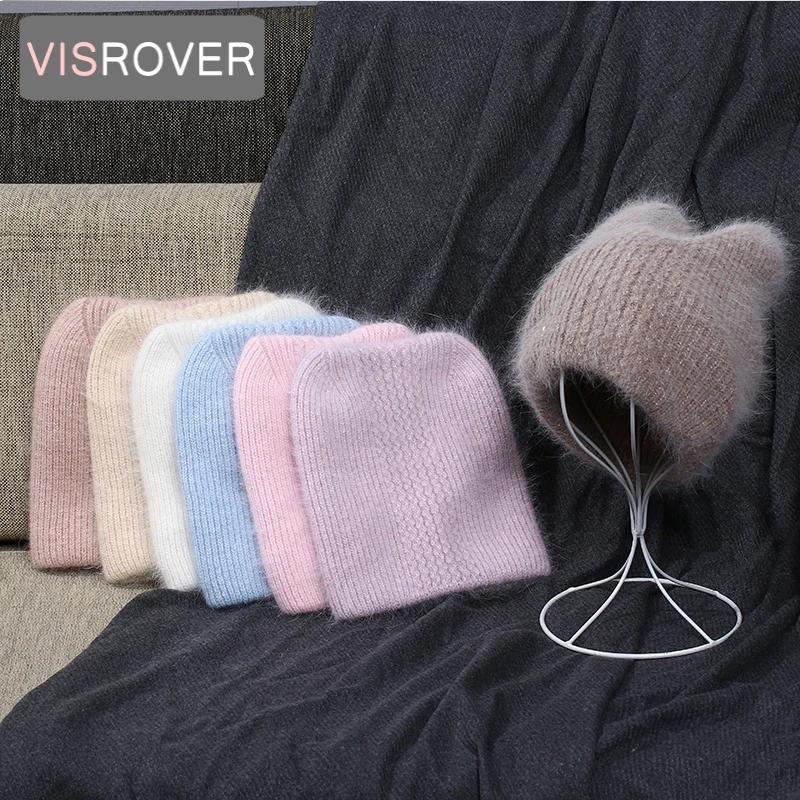 

VISROVER 7 colors colorways rabbit fur cat ears with lurex woman winter hat solid color autumn beanies Warm bonnet skullies