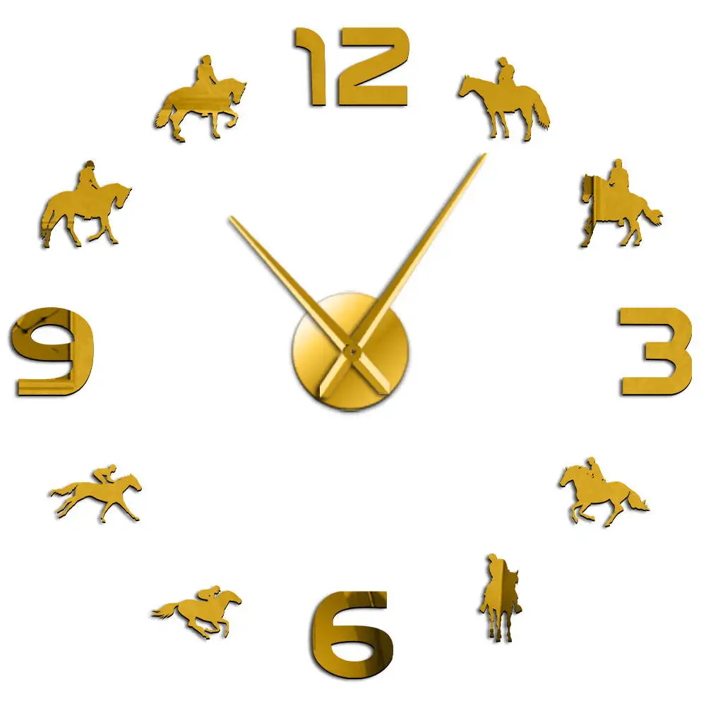 Конные гонки DIY гигантские настенные часы скачки верхом силуэт Настенный декор Безрамное Зеркало Эффект настенные часы подарок для жокея - Цвет: Gold