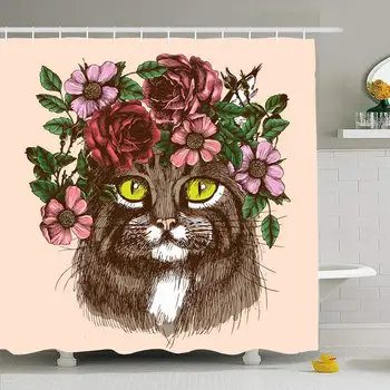 

Shower Curtain Set with Hooks 60x72 Maine Coon Floral Sketch Head Pussycat Kitty Wreath Family Animals Wildlife Look Animal